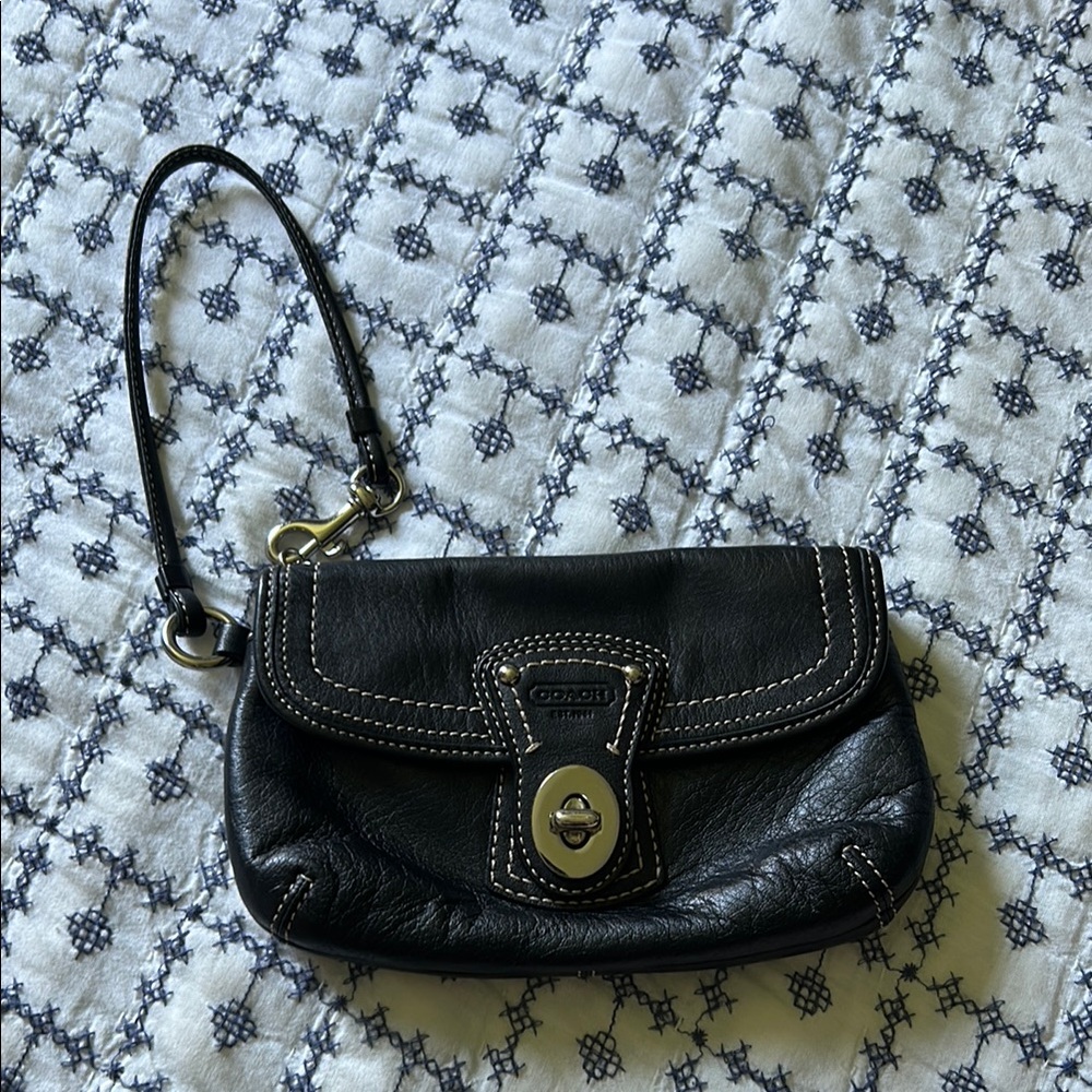 Coach Black Leather Wristlet with Stitch Detail